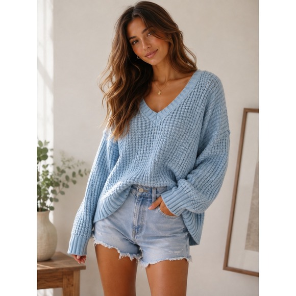 American Eagle Outfitters Sweaters - American Eagle Light Blue Waffle Knit V-Neck Pullover Sweater Womens M